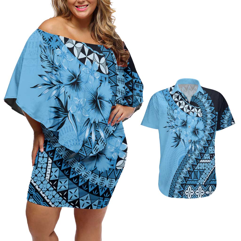 Bula Fiji Couples Matching Off Shoulder Short Dress and Hawaiian Shirt Turquoise Kaivity Masi Tapa