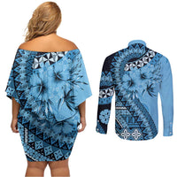 Bula Fiji Couples Matching Off Shoulder Short Dress and Long Sleeve Button Shirt Turquoise Kaivity Masi Tapa