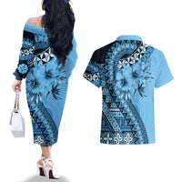 Bula Fiji Couples Matching Off The Shoulder Long Sleeve Dress and Hawaiian Shirt Turquoise Kaivity Masi Tapa