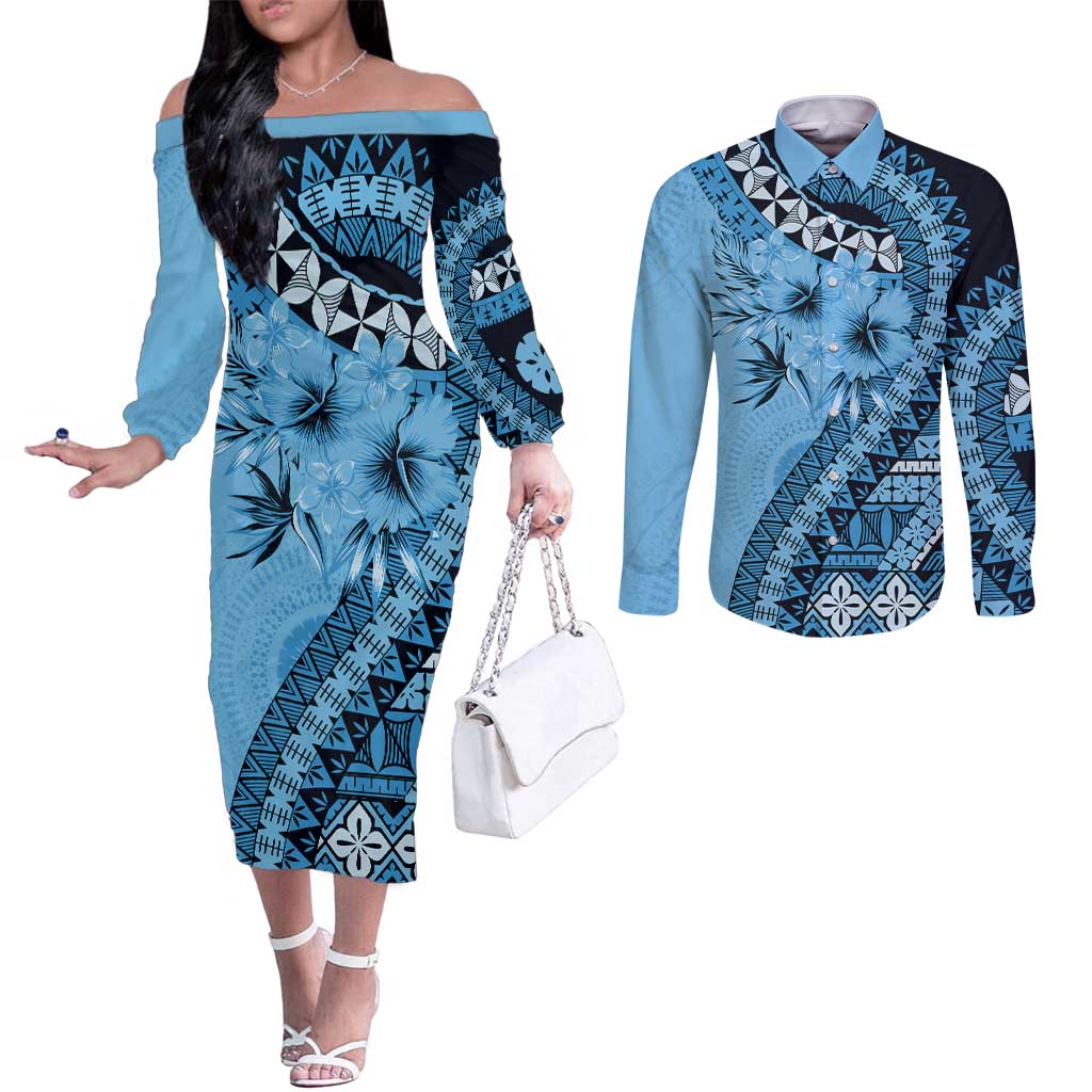 Bula Fiji Couples Matching Off The Shoulder Long Sleeve Dress and Long Sleeve Button Shirt Turquoise Kaivity Masi Tapa
