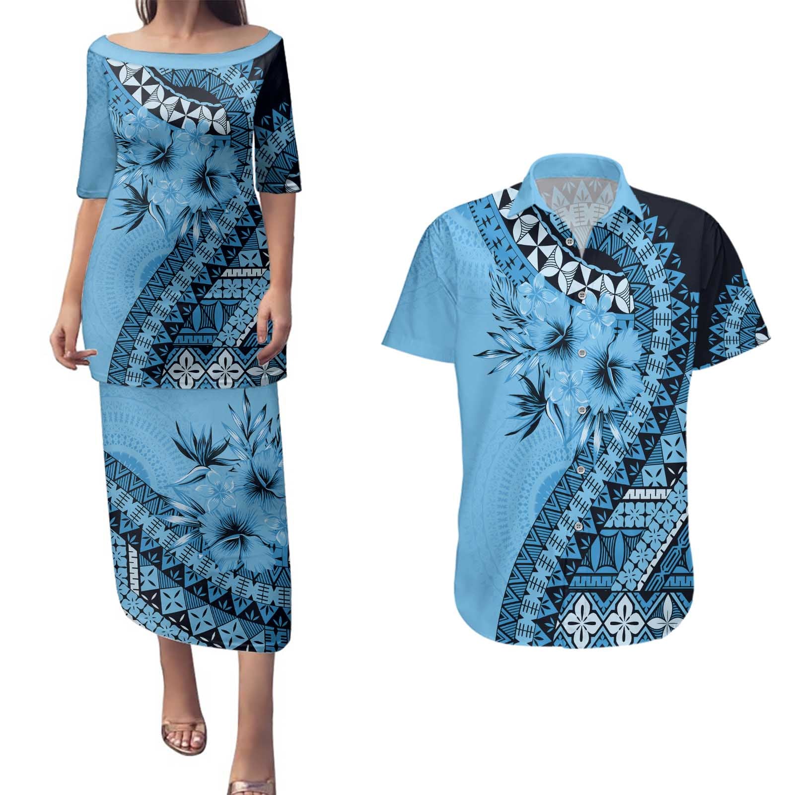 Bula Fiji Couples Matching Puletasi and Hawaiian Shirt Turquoise Kaivity Masi Tapa