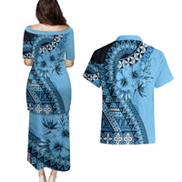 Bula Fiji Couples Matching Puletasi and Hawaiian Shirt Turquoise Kaivity Masi Tapa