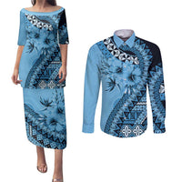 Bula Fiji Couples Matching Puletasi and Long Sleeve Button Shirt Turquoise Kaivity Masi Tapa