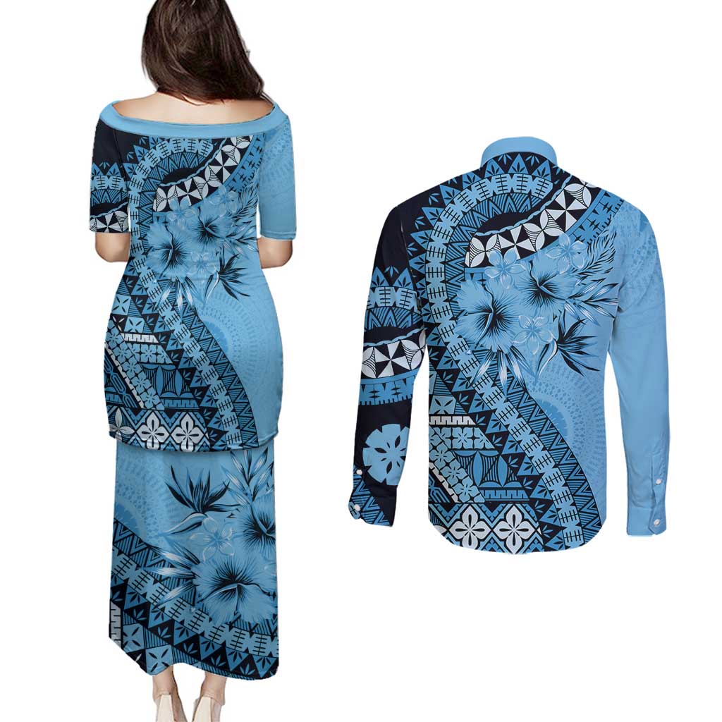 Bula Fiji Couples Matching Puletasi and Long Sleeve Button Shirt Turquoise Kaivity Masi Tapa
