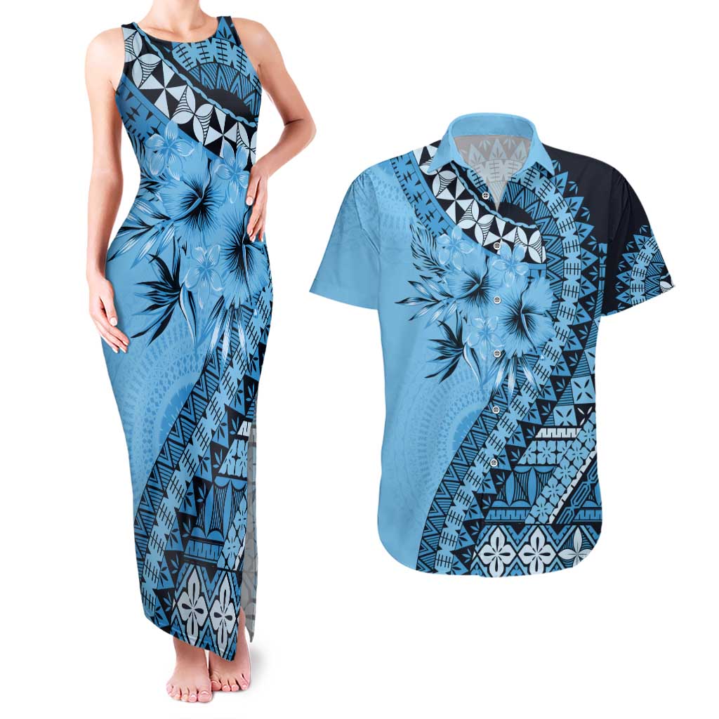 Bula Fiji Couples Matching Tank Maxi Dress and Hawaiian Shirt Turquoise Kaivity Masi Tapa