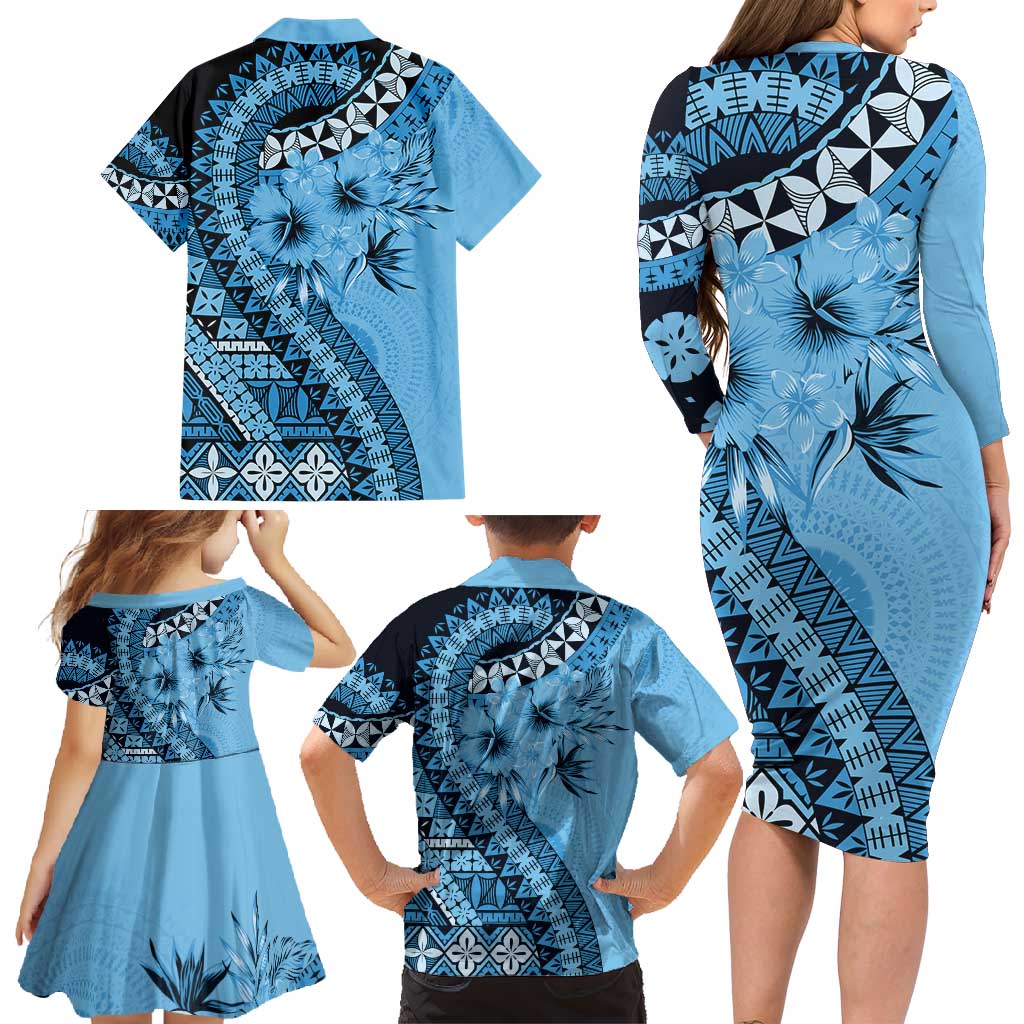 Bula Fiji Family Matching Long Sleeve Bodycon Dress and Hawaiian Shirt Turquoise Kaivity Masi Tapa