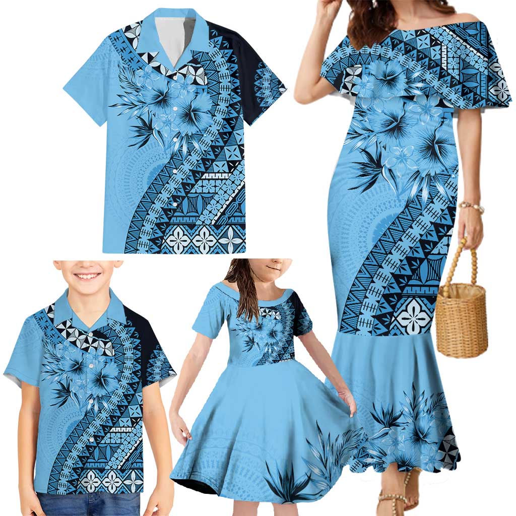 Bula Fiji Family Matching Mermaid Dress and Hawaiian Shirt Turquoise Kaivity Masi Tapa