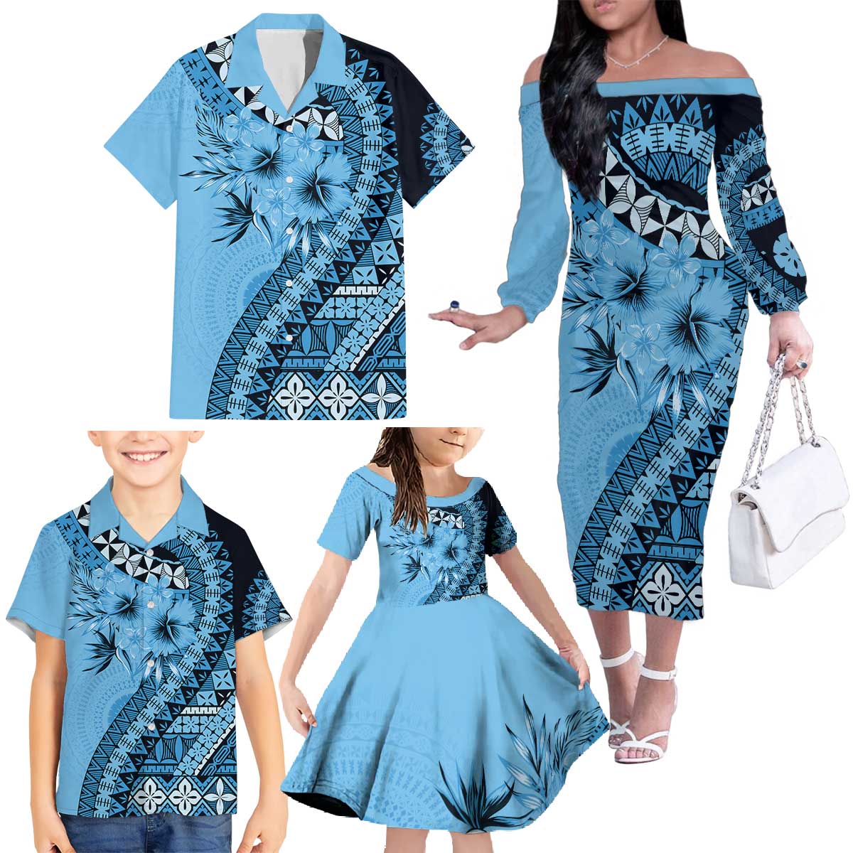 Bula Fiji Family Matching Off The Shoulder Long Sleeve Dress and Hawaiian Shirt Turquoise Kaivity Masi Tapa