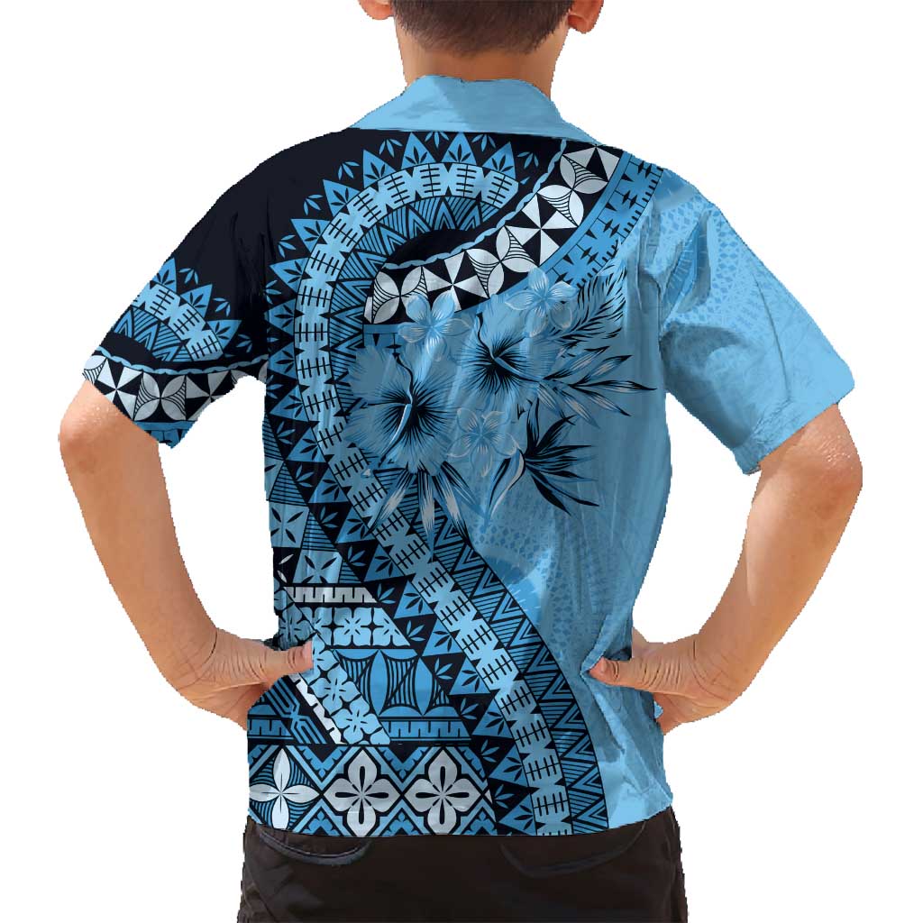 Bula Fiji Family Matching Off Shoulder Short Dress and Hawaiian Shirt Turquoise Kaivity Masi Tapa