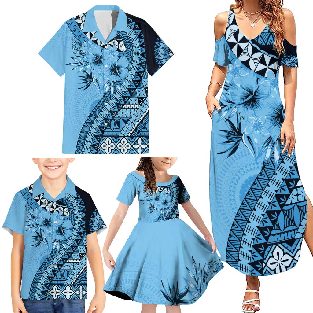 Bula Fiji Family Matching Summer Maxi Dress and Hawaiian Shirt Turquoise Kaivity Masi Tapa