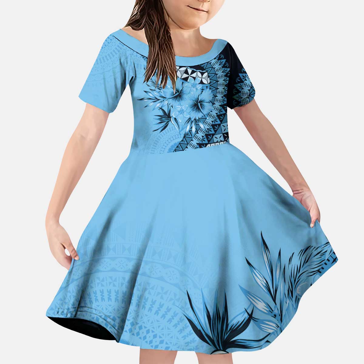 Bula Fiji Kid Short Sleeve Dress Turquoise Kaivity Masi Tapa LT7 KID Turquoise - Polynesian Pride