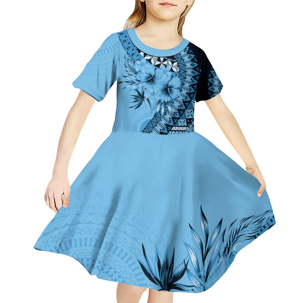 Bula Fiji Kid Short Sleeve Dress Turquoise Kaivity Masi Tapa LT7 - Polynesian Pride