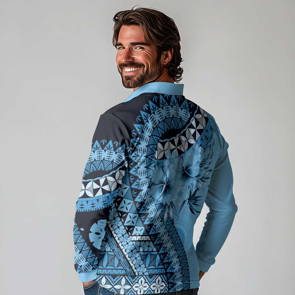 Bula Fiji Long Sleeve Polo Shirt Turquoise Kaivity Masi Tapa
