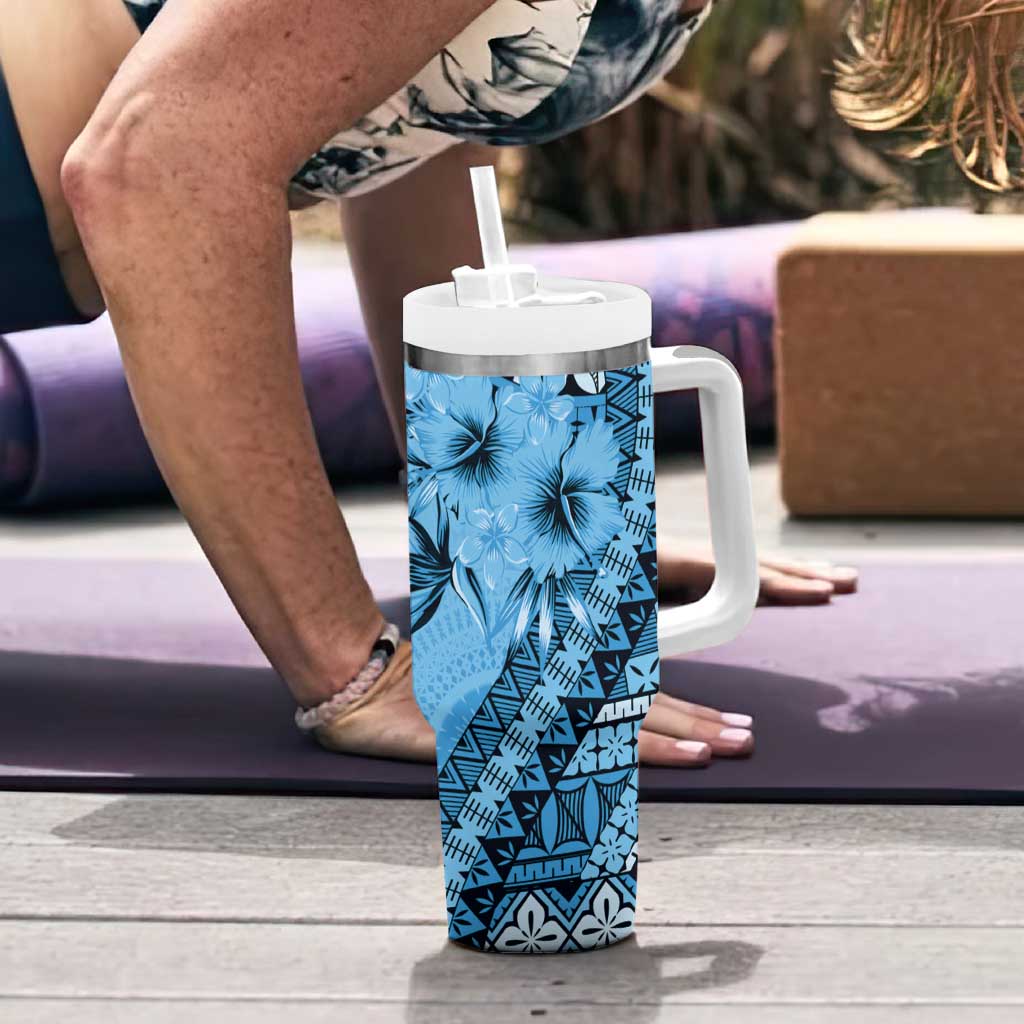 Bula Fiji Tumbler With Handle Turquoise Kaivity Masi Tapa LT7 - Polynesian Pride