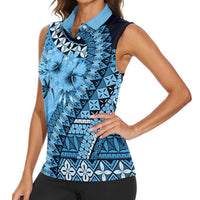 Bula Fiji Women Sleeveless Polo Shirt Turquoise Kaivity Masi Tapa
