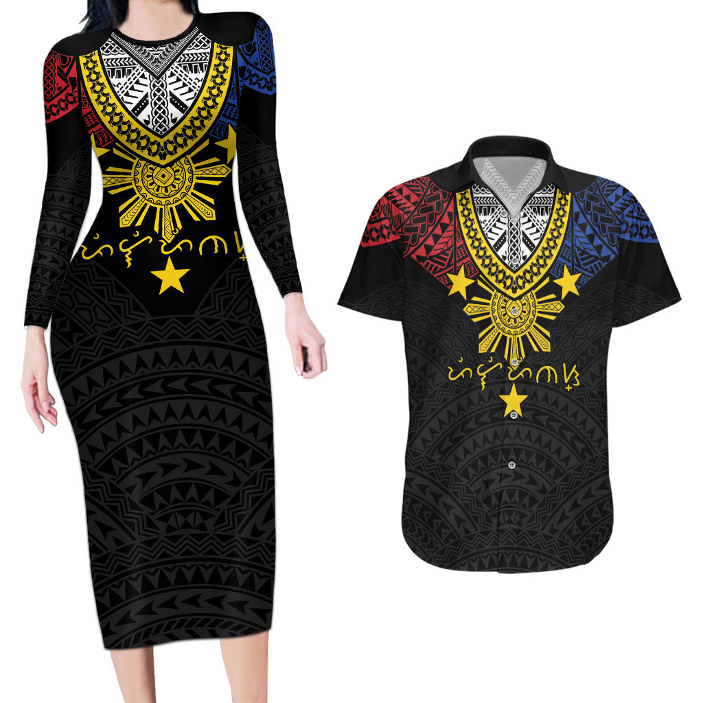 Philippines Heritage Baybayin Mix Polynesian Couples Matching Long Sleeve Bodycon Dress and Hawaiian Shirt LT7 Black - Polynesian Pride