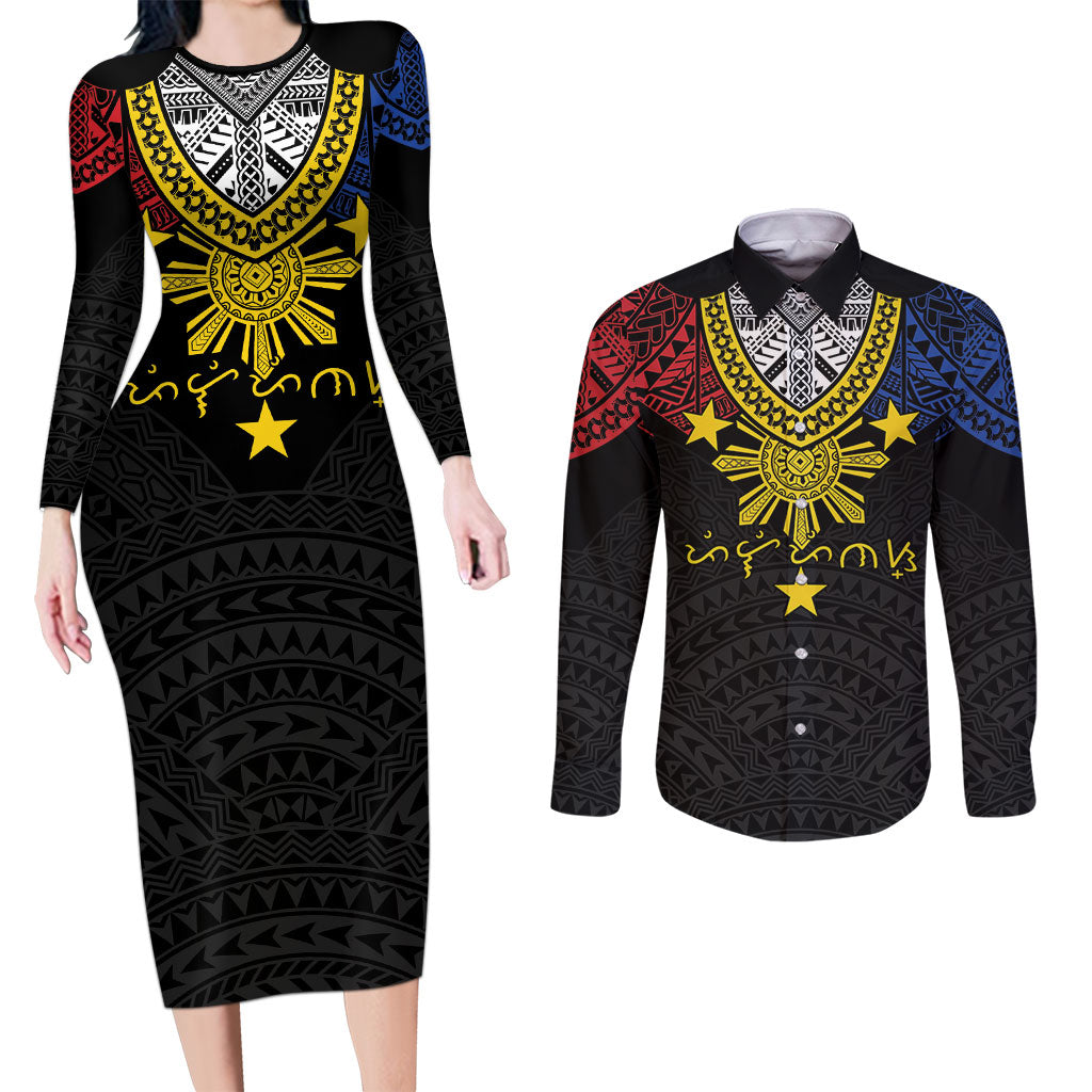 Philippines Heritage Baybayin Mix Polynesian Couples Matching Long Sleeve Bodycon Dress and Long Sleeve Button Shirt LT7 Black - Polynesian Pride