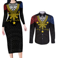 Philippines Heritage Baybayin Mix Polynesian Couples Matching Long Sleeve Bodycon Dress and Long Sleeve Button Shirt LT7 Black - Polynesian Pride