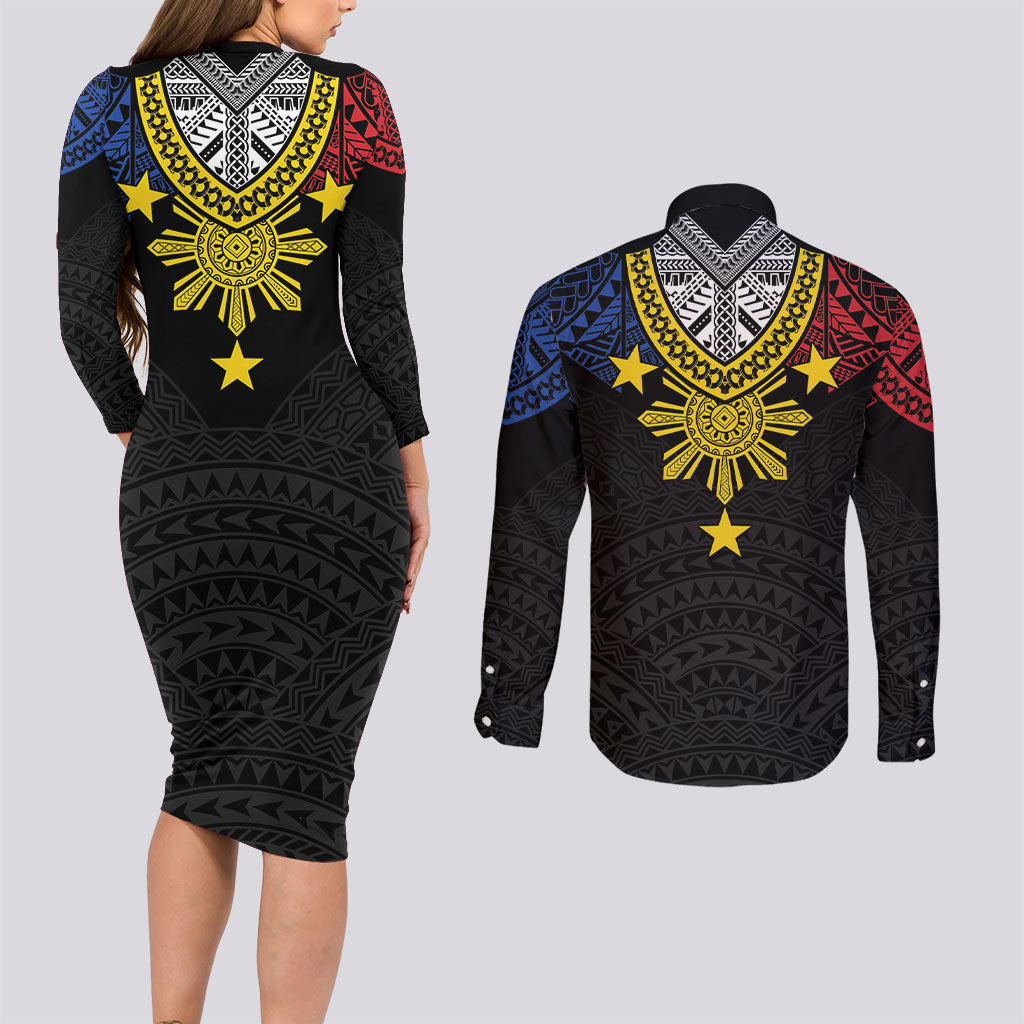 Philippines Heritage Baybayin Mix Polynesian Couples Matching Long Sleeve Bodycon Dress and Long Sleeve Button Shirt LT7 - Polynesian Pride