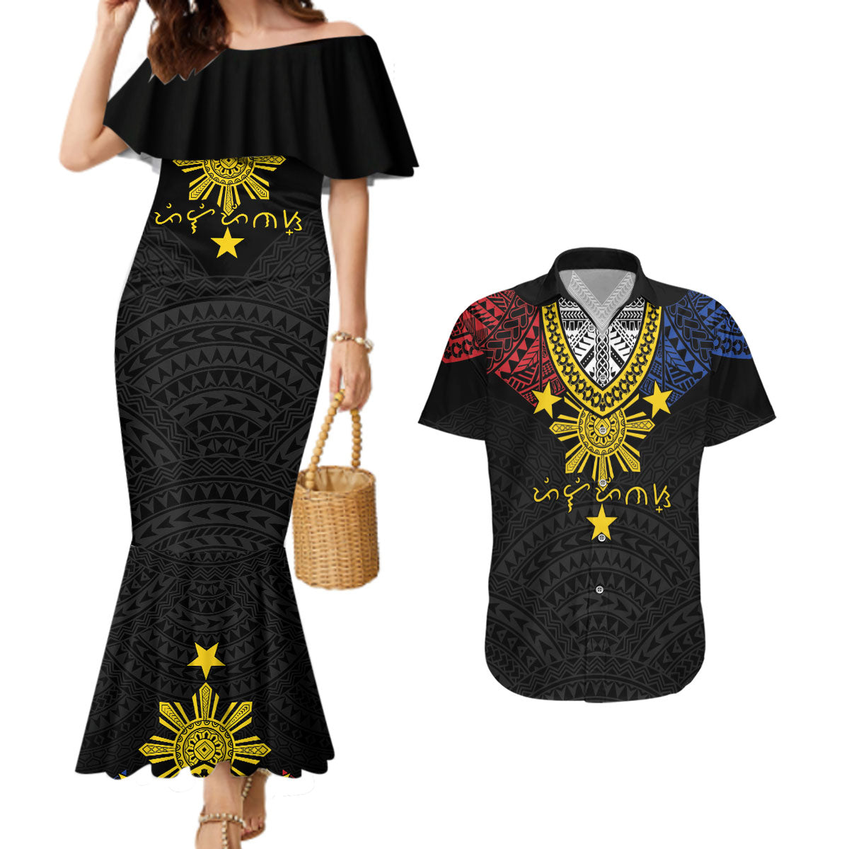 Philippines Heritage Baybayin Mix Polynesian Couples Matching Mermaid Dress and Hawaiian Shirt LT7 Black - Polynesian Pride