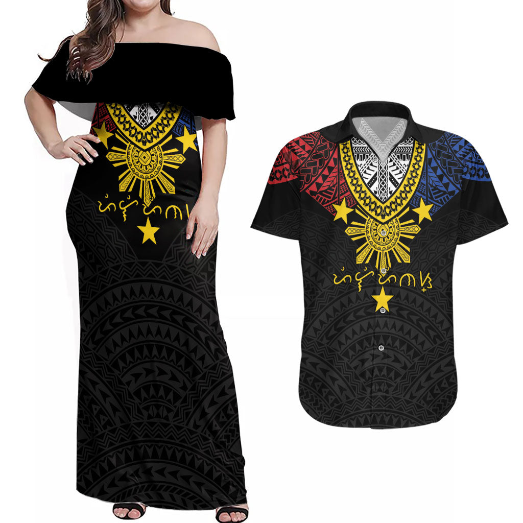 Philippines Heritage Baybayin Mix Polynesian Couples Matching Off Shoulder Maxi Dress and Hawaiian Shirt