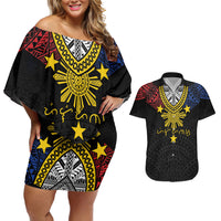 Philippines Heritage Baybayin Mix Polynesian Couples Matching Off Shoulder Short Dress and Hawaiian Shirt LT7 Black - Polynesian Pride