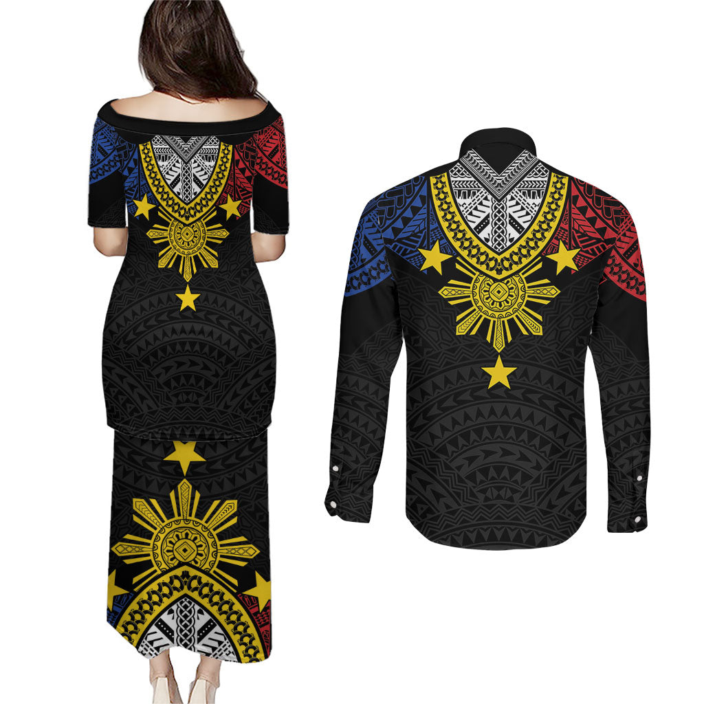 Philippines Heritage Baybayin Mix Polynesian Couples Matching Puletasi and Long Sleeve Button Shirt