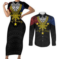 Philippines Heritage Baybayin Mix Polynesian Couples Matching Short Sleeve Bodycon Dress and Long Sleeve Button Shirt LT7 Black - Polynesian Pride