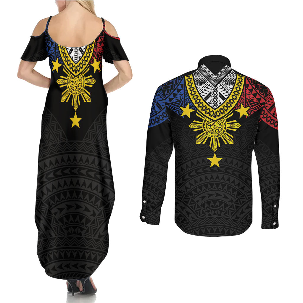 Philippines Heritage Baybayin Mix Polynesian Couples Matching Summer Maxi Dress and Long Sleeve Button Shirt
