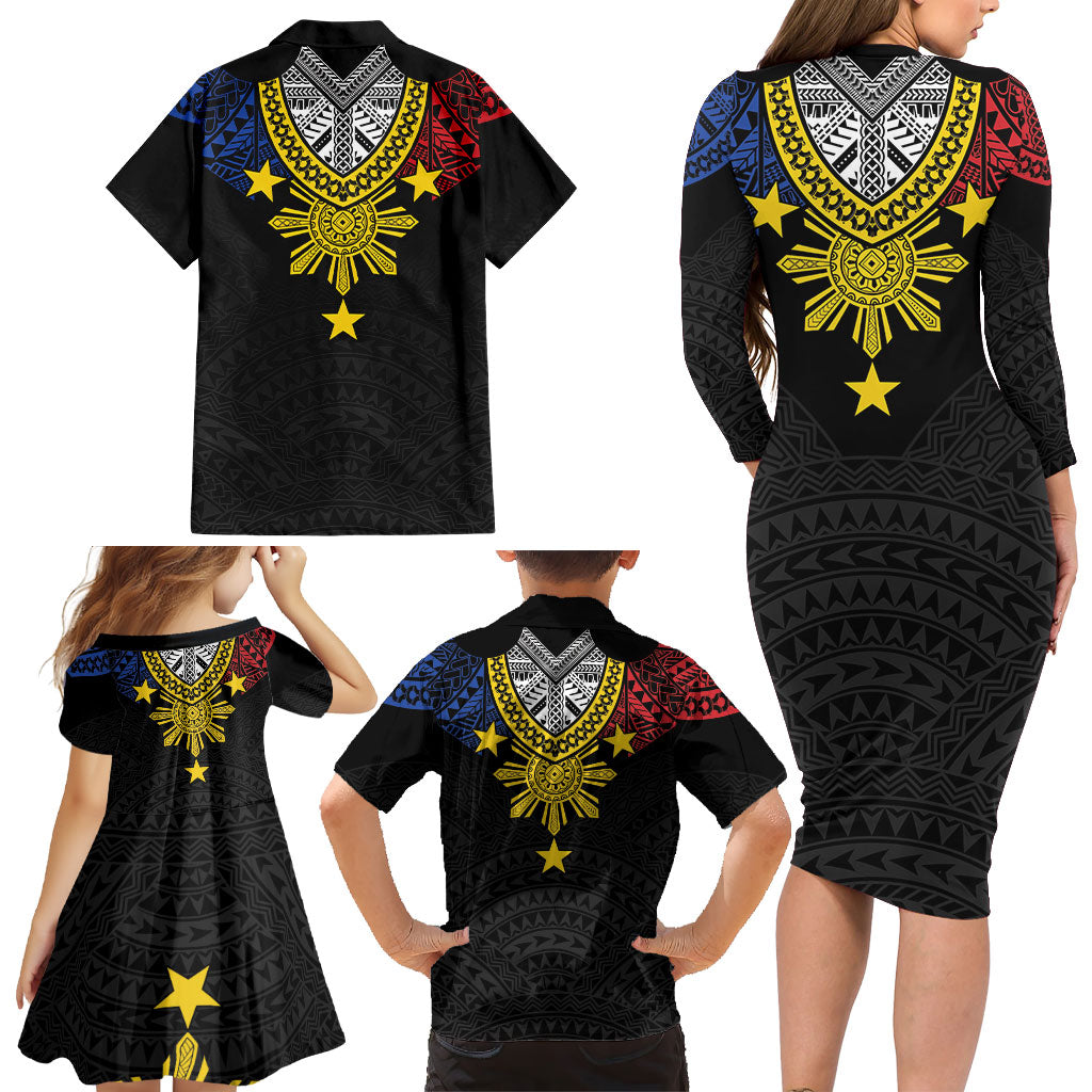 Philippines Heritage Baybayin Mix Polynesian Family Matching Long Sleeve Bodycon Dress and Hawaiian Shirt