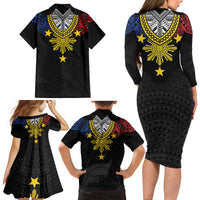 Philippines Heritage Baybayin Mix Polynesian Family Matching Long Sleeve Bodycon Dress and Hawaiian Shirt