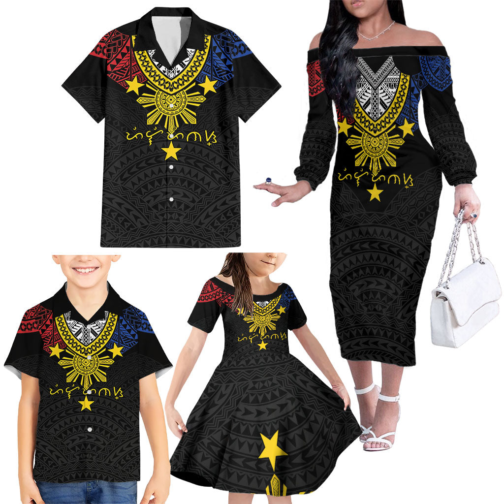 Philippines Heritage Baybayin Mix Polynesian Family Matching Off The Shoulder Long Sleeve Dress and Hawaiian Shirt