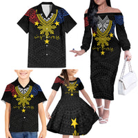 Philippines Heritage Baybayin Mix Polynesian Family Matching Off The Shoulder Long Sleeve Dress and Hawaiian Shirt