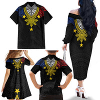 Philippines Heritage Baybayin Mix Polynesian Family Matching Off The Shoulder Long Sleeve Dress and Hawaiian Shirt