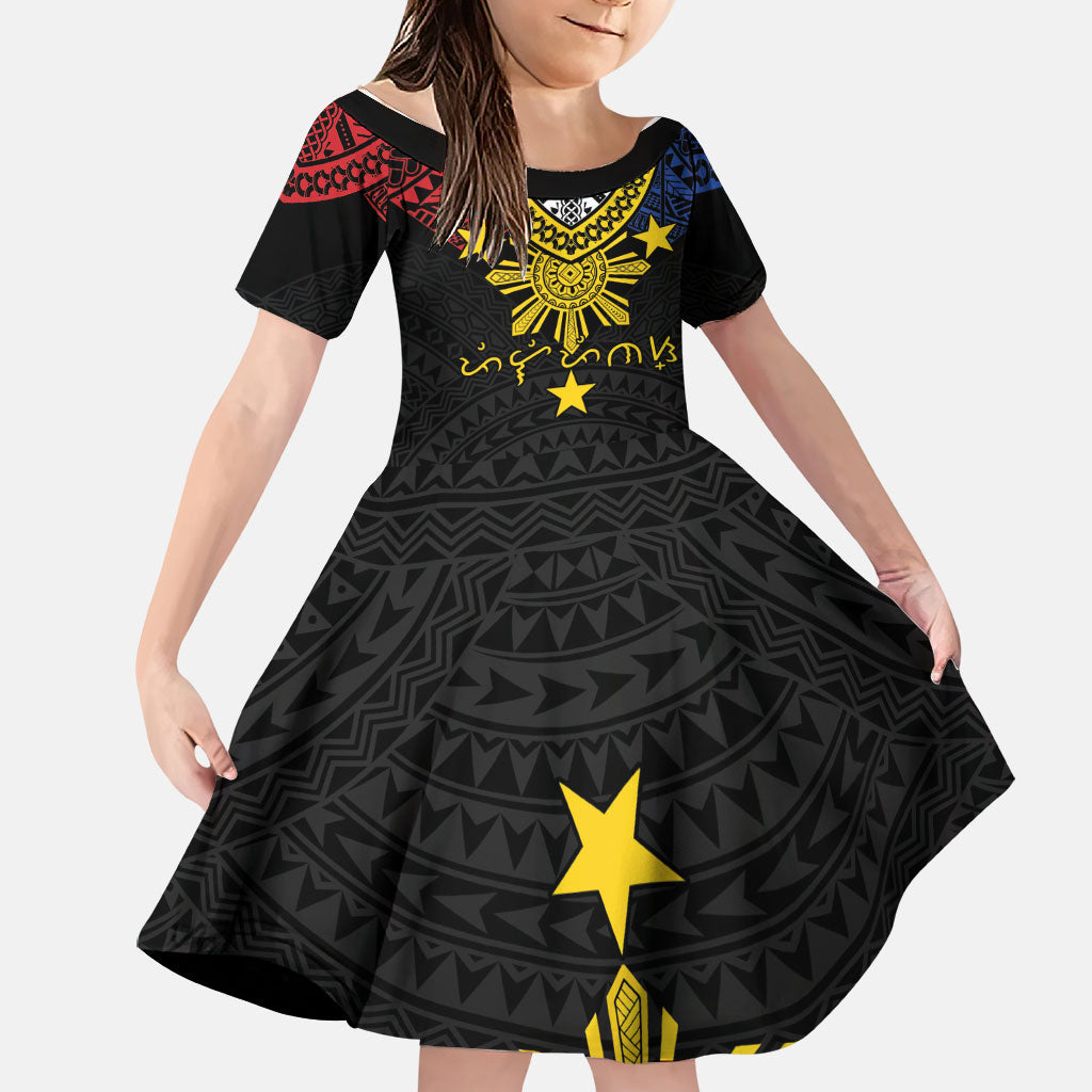 Philippines Heritage Baybayin Mix Polynesian Family Matching Off Shoulder Maxi Dress and Hawaiian Shirt LT7 Daughter's Dress Black - Polynesian Pride