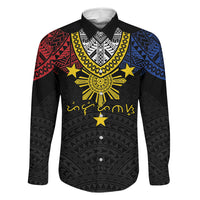 Philippines Heritage Baybayin Mix Polynesian Family Matching Off Shoulder Maxi Dress and Hawaiian Shirt LT7 Dad's Shirt - Long Sleeve Black - Polynesian Pride