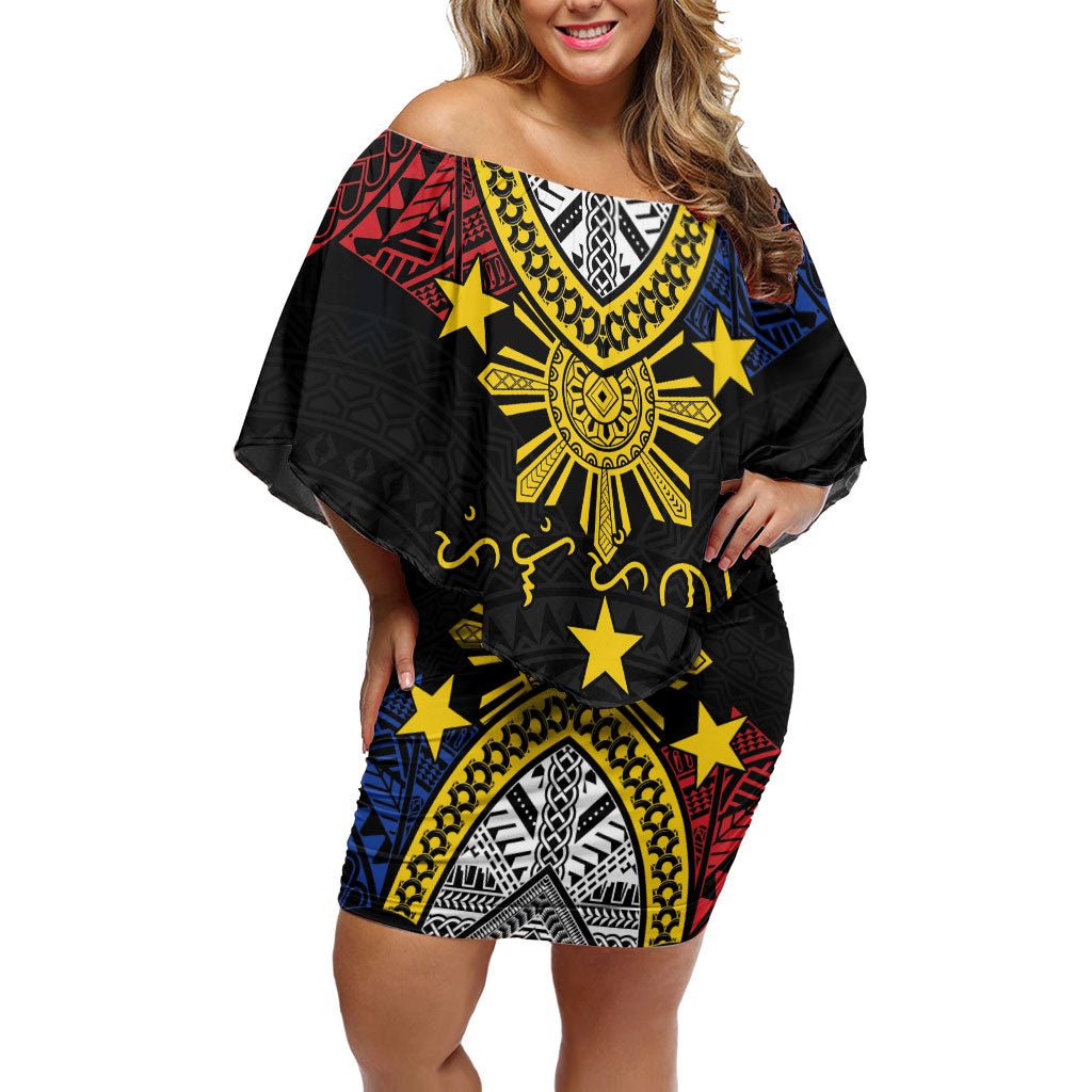 Philippines Heritage Baybayin Mix Polynesian Family Matching Off Shoulder Short Dress and Hawaiian Shirt LT7 Mom's Dress Black - Polynesian Pride