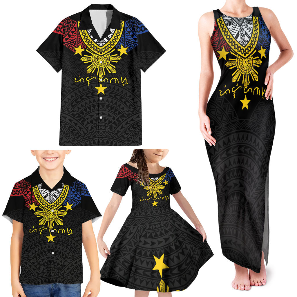 Philippines Heritage Baybayin Mix Polynesian Family Matching Tank Maxi Dress and Hawaiian Shirt