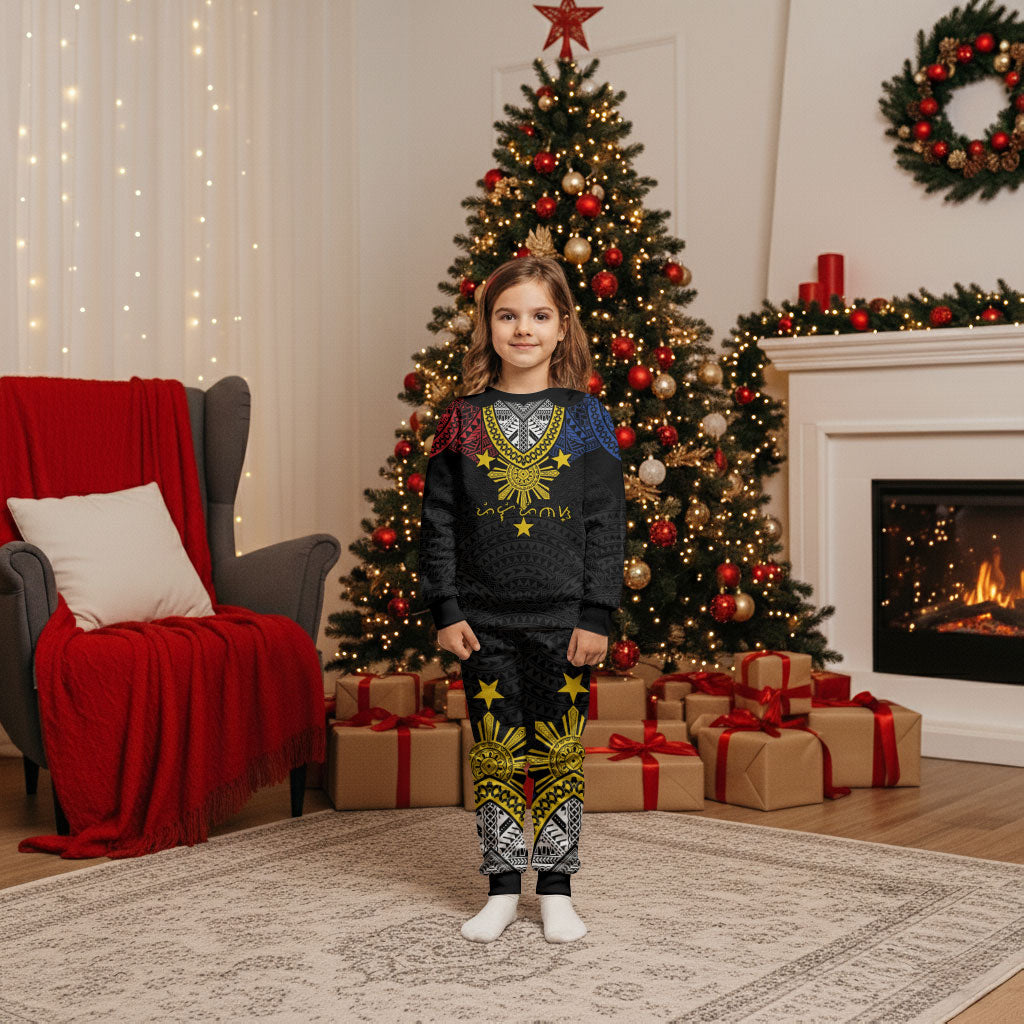 Philippines Heritage Baybayin Mix Polynesian Christmas Pajama Set LT7 Kid Black - Polynesian Pride