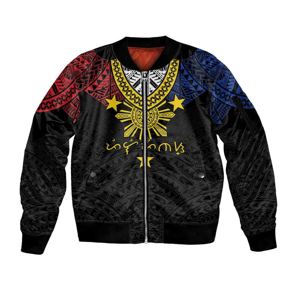 Philippines Heritage Baybayin Mix Polynesian Sleeve Zip Bomber Jacket LT7 Unisex Black - Polynesian Pride