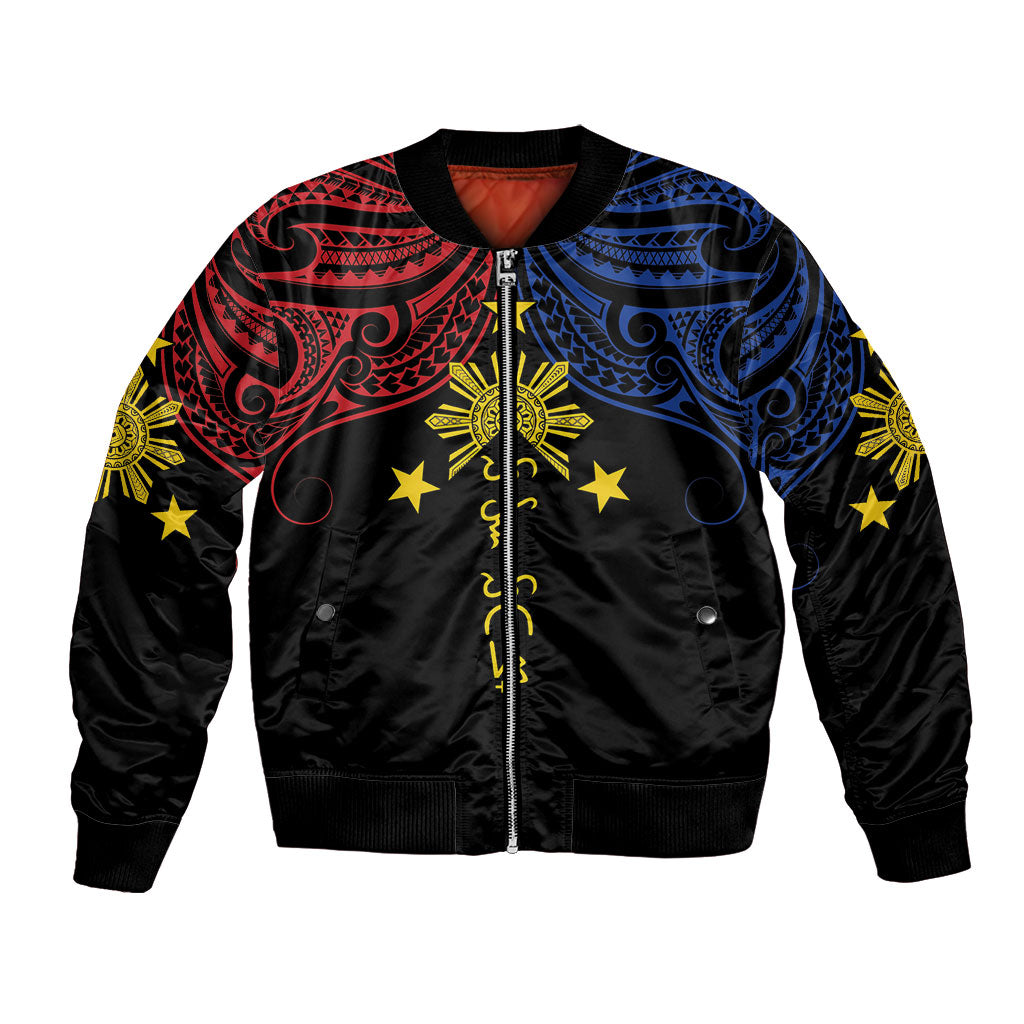Philippines Heritage Personalized Bomber Jacket Baybayin Philipinas Sun LT7 Unisex Black - Polynesian Pride