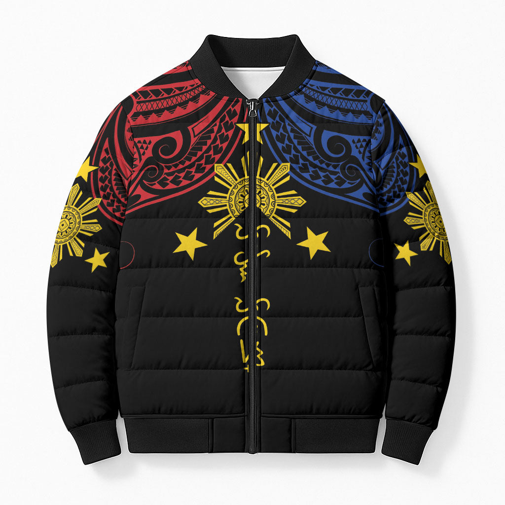 Philippines Heritage Personalized Bomber Puffer Jacket Baybayin Philipinas Sun