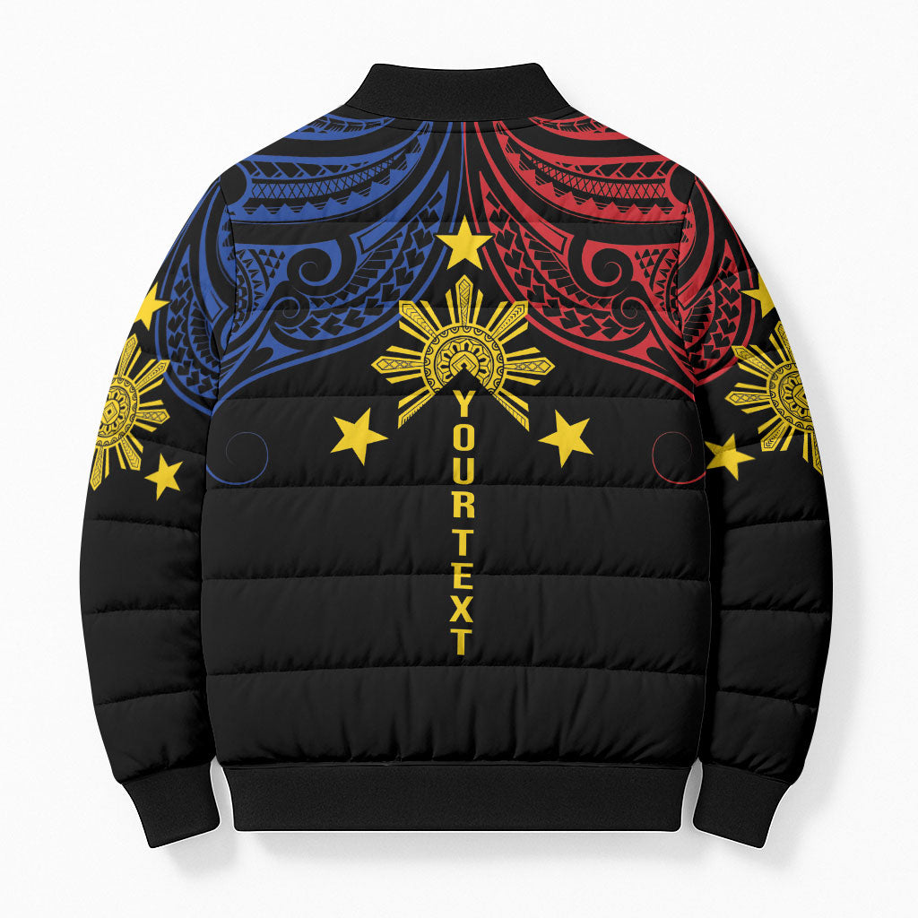 Philippines Heritage Personalized Bomber Puffer Jacket Baybayin Philipinas Sun