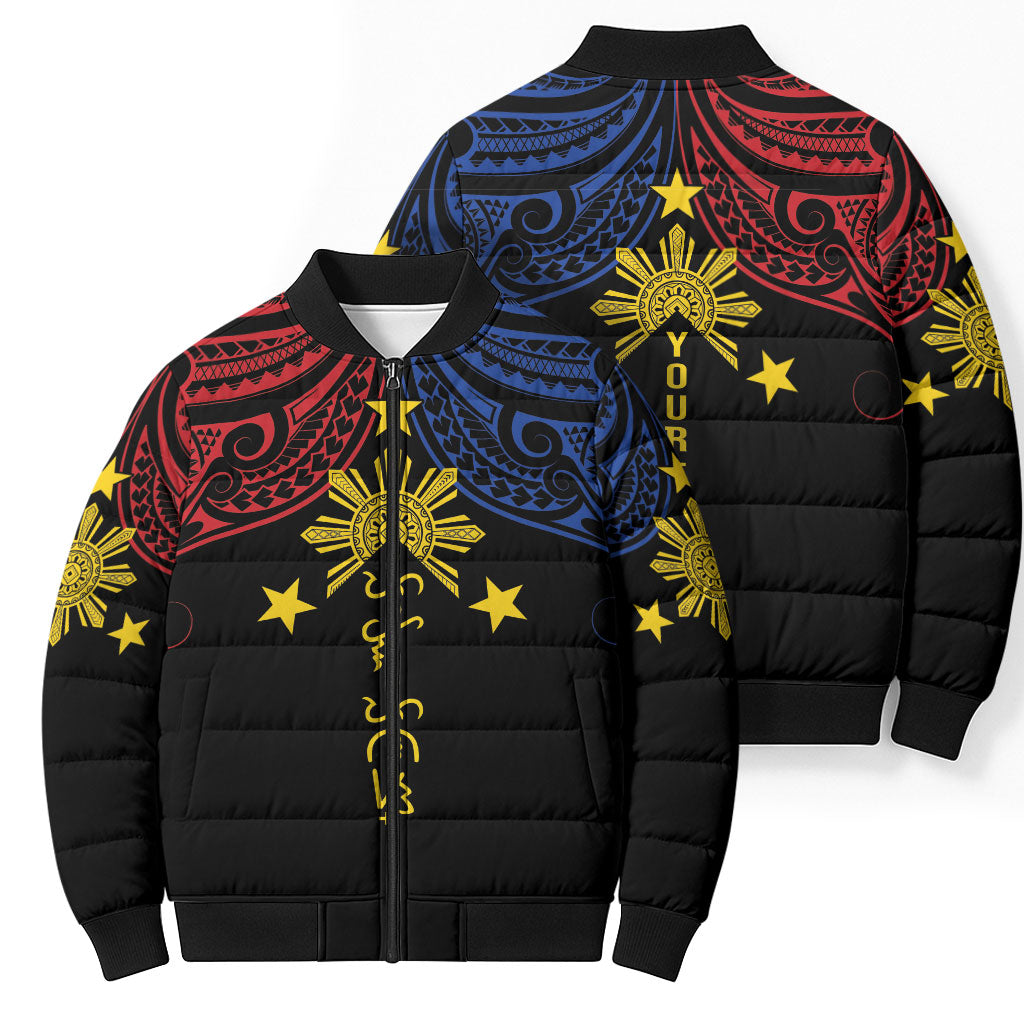 Philippines Heritage Personalized Bomber Puffer Jacket Baybayin Philipinas Sun