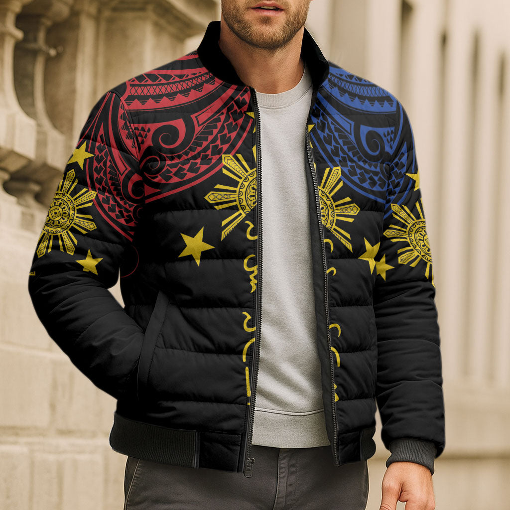 Philippines Heritage Personalized Bomber Puffer Jacket Baybayin Philipinas Sun
