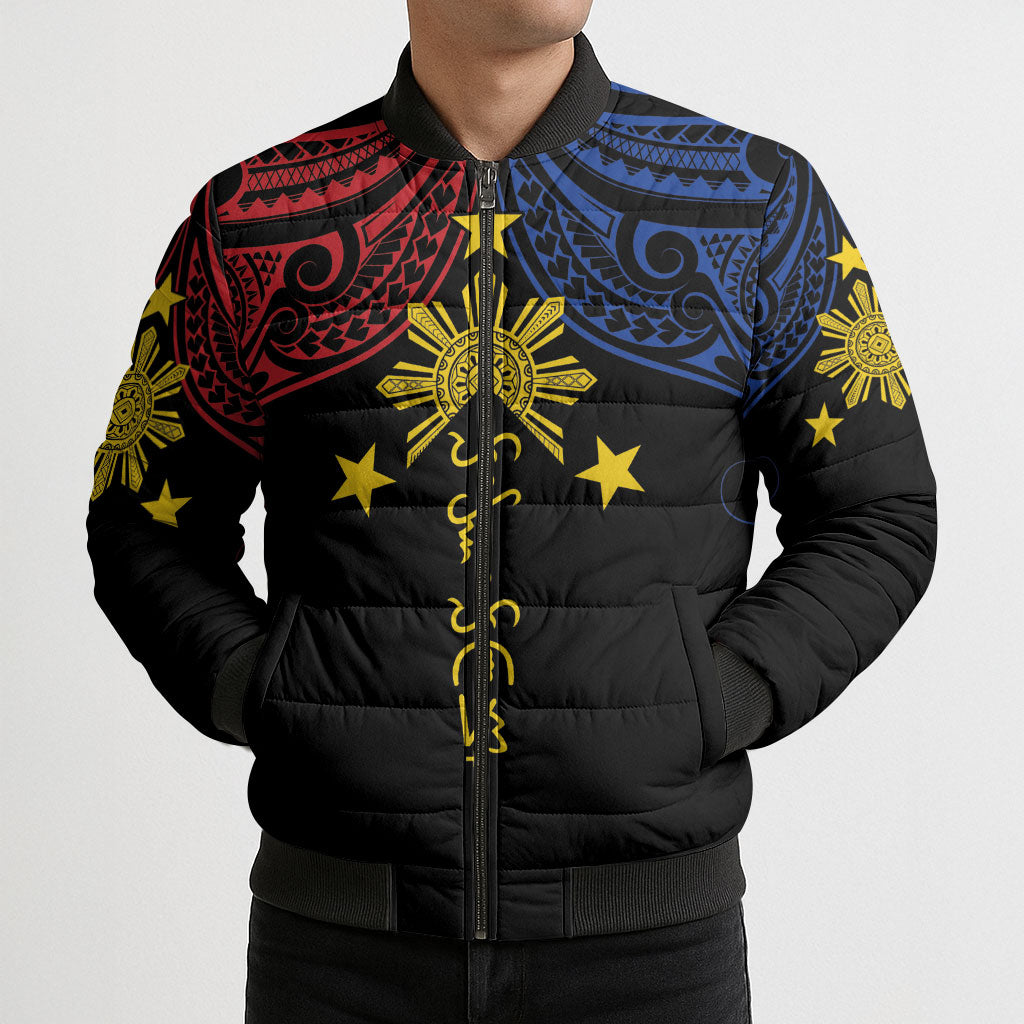 Philippines Heritage Personalized Bomber Puffer Jacket Baybayin Philipinas Sun