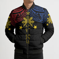 Philippines Heritage Personalized Bomber Puffer Jacket Baybayin Philipinas Sun