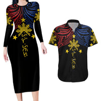 Philippines Heritage Personalized Couples Matching Long Sleeve Bodycon Dress and Hawaiian Shirt Baybayin Philipinas Sun LT7 Black - Polynesian Pride