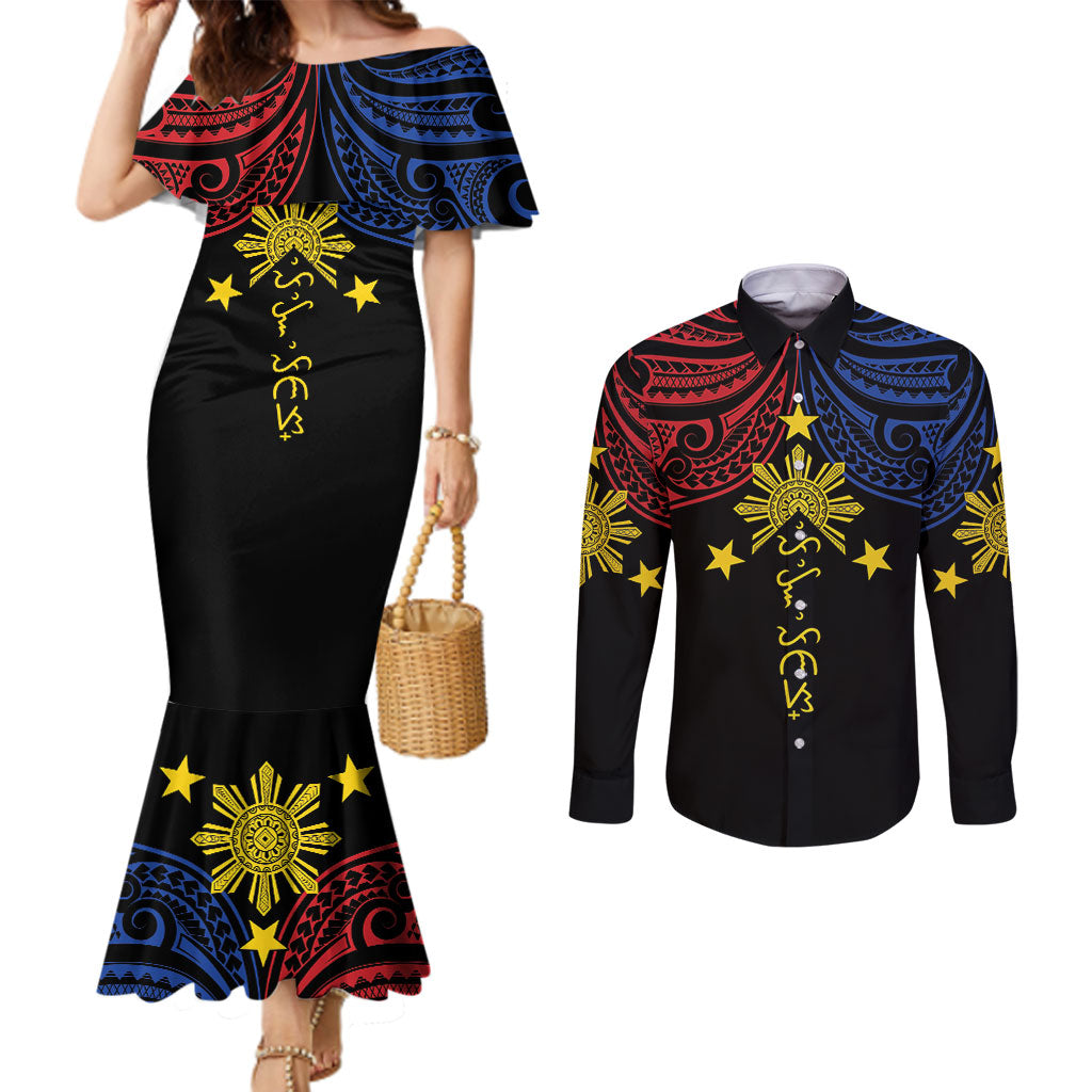 Philippines Heritage Personalized Couples Matching Mermaid Dress and Long Sleeve Button Shirt Baybayin Philipinas Sun