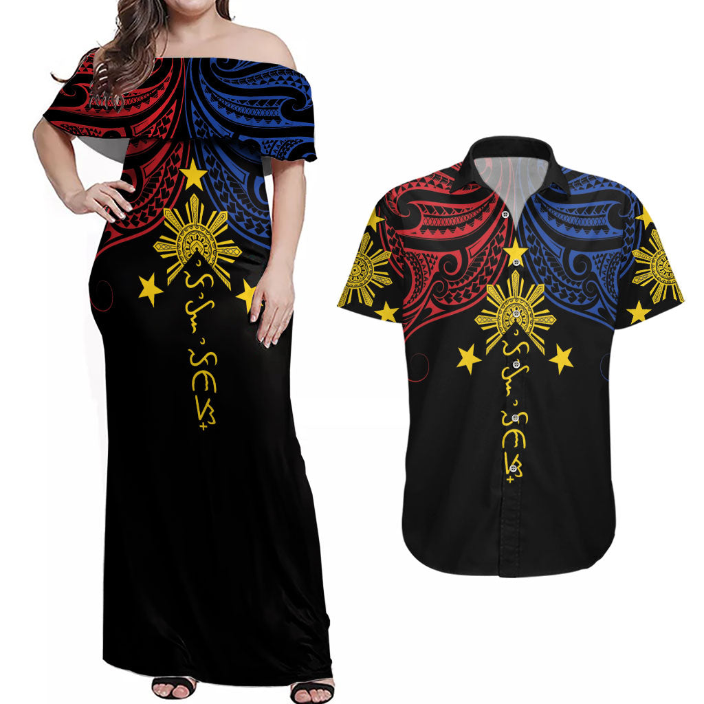 Philippines Heritage Personalized Couples Matching Off Shoulder Maxi Dress and Hawaiian Shirt Baybayin Philipinas Sun
